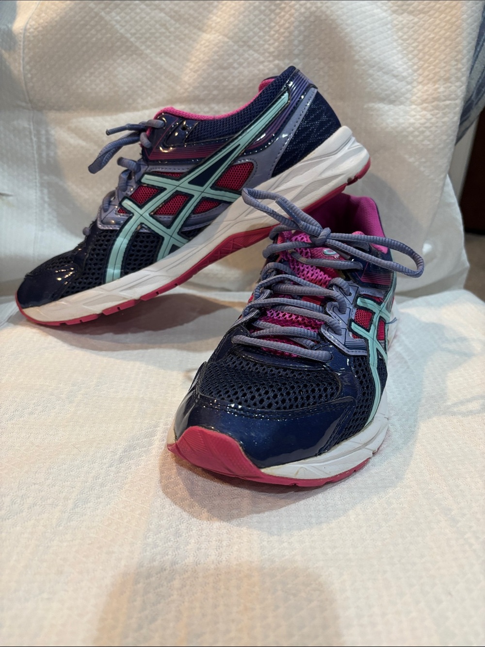 ASICS Navy Athletic Running Shoes with Teal and Pink Accents